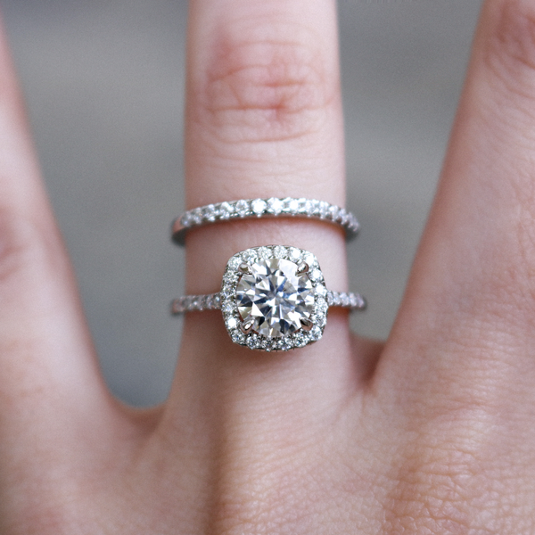 Sterling Silver Moissanite Engagement Wedding Ring Set featuring 1.20ct (7mm) Round Brilliant Cut Center Stone with Square Halo