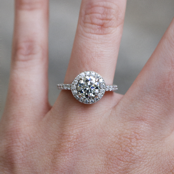 Sterling Silver Moissanite Engagement Ring featuring 1.20ct (7.0mm) Round Brilliant Cut Center Stone with Round Halo