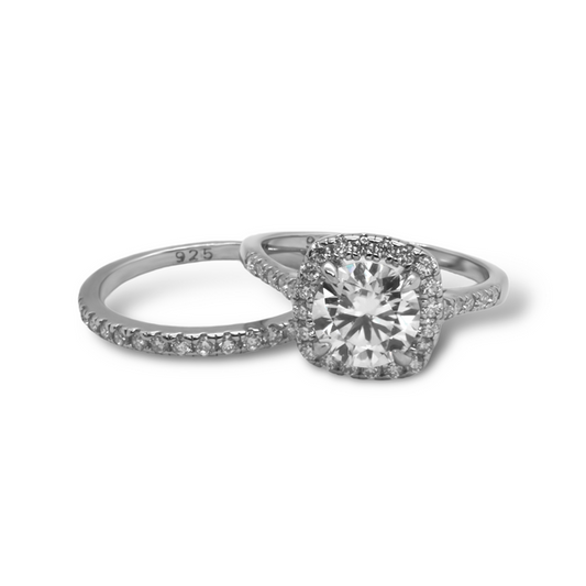 Sterling Silver Moissanite Engagement Wedding Ring Set featuring 1.20ct (7mm) Round Brilliant Cut Center Stone with Square Halo