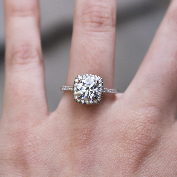 Sterling Silver Moissanite Engagement Ring featuring 1.20ct (7.0mm) Round Brilliant Cut Center Stone with Square Halo