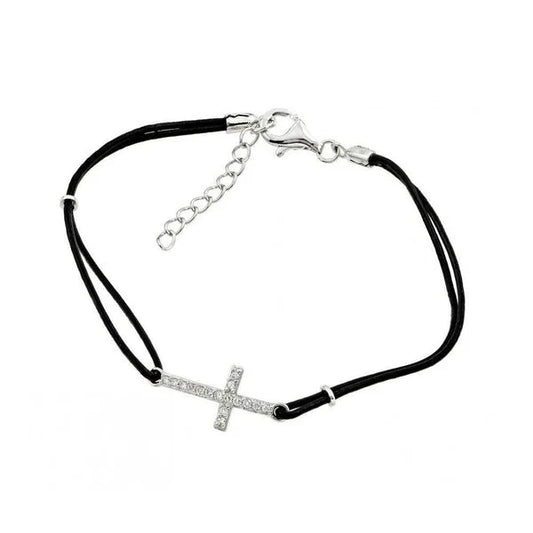 Sterling Silver 925 Sideways Cross CZ Black Leather Cord Bracelet - SSLB019