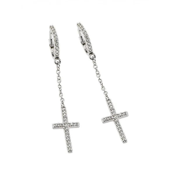 Sterling Silver 925 Round Cross Clear CZ Wire Dangling Huggie Hoop Earrings - SSLE014