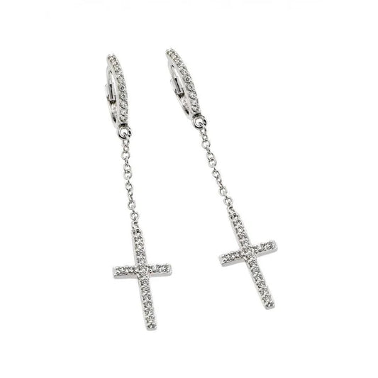 Sterling Silver 925 Round Cross Clear CZ Wire Dangling Huggie Hoop Earrings - SSLE014