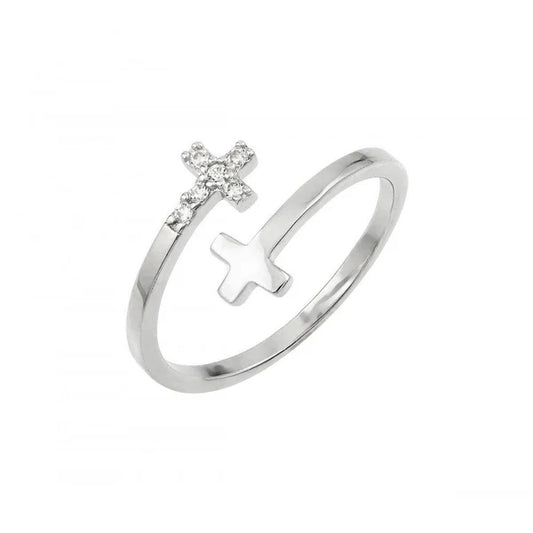 Sterling Silver 925 Double Cross CZ Ring - SSLR058