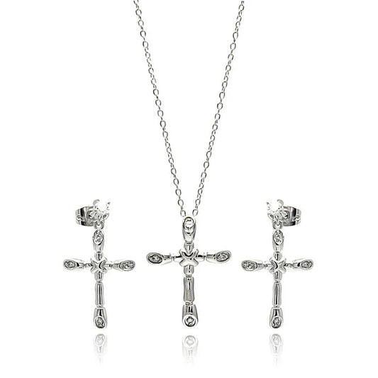 Sterling Silver 925 Bone Cross CZ Necklace and Earrings Set - SSLJS007