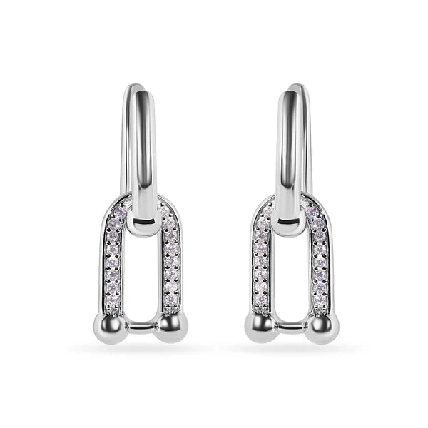 Sterling Silver 925 Round Bow Paperclip Clear CZ Necklace and Hoop Earring Matching Set - SSLJS001