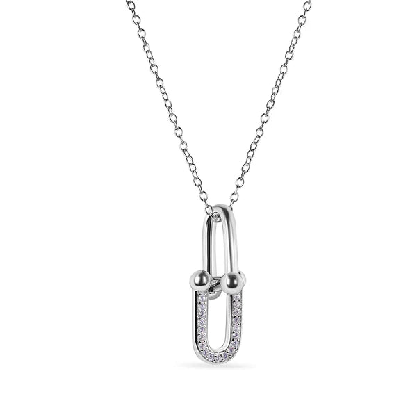 Sterling Silver 925 Round Bow Paperclip Clear CZ Necklace and Hoop Earring Matching Set - SSLJS001