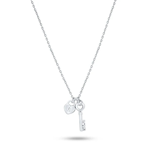 Sterling Silver 925 Small Love Key and Heart Lock Pendant Necklace - SSLPN040