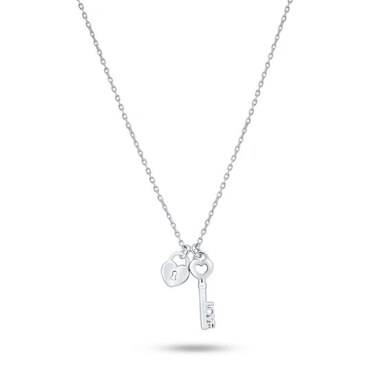 Sterling Silver 925 Small Love Key and Heart Lock Pendant Necklace - SSLPN040