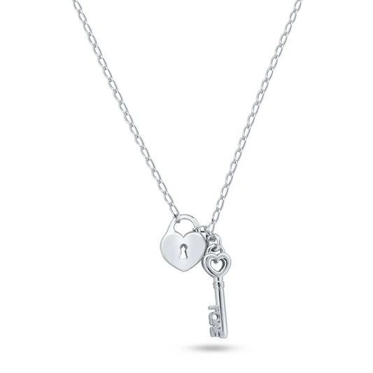 Sterling Silver 925 Medium Love Key and Heart Lock Pendant Necklace - SSLPN041
