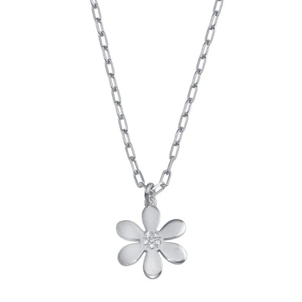 Sterling Silver 925 Paperclip Chain Flower CZ Pendant Necklace - SSLPN022