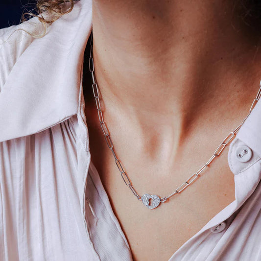 Sterling Silver 925 Paperclip Heart Lock Adjustable Clear CZ Pendant Necklace - SSLPN034