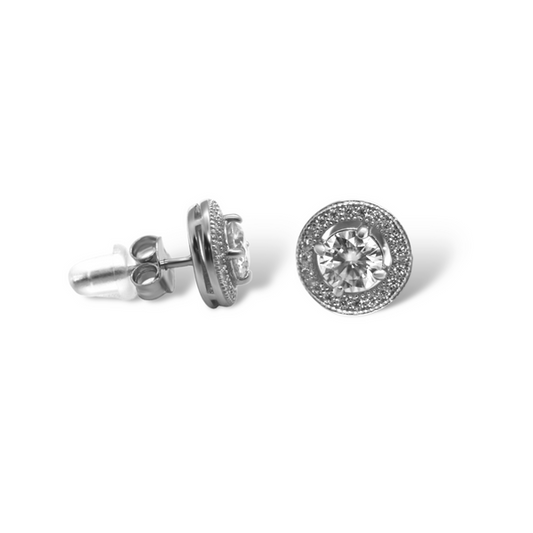 Sterling Silver Moissanite Stud Earrings featuring a Round Brilliant Cut Center Stone 0.50ct (5.0mm) with Round Halo