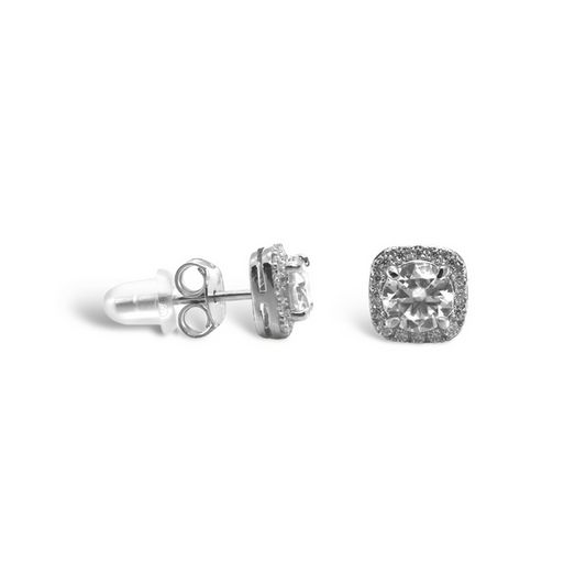 Sterling Silver Moissanite Stud Earrings featuring a Round Brilliant Cut Center Stone 0.50ct (5.0mm) with Square Halo