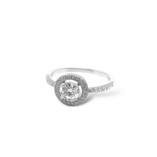 Sterling Silver Moissanite Ring featuring a 0.50ct (5mm) Round Brilliant Cut Center Stone with Round Halo