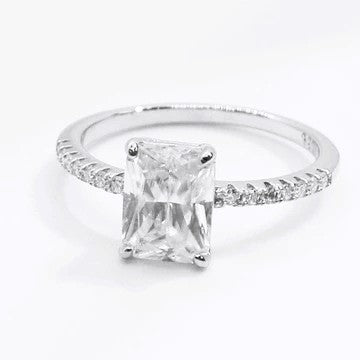 Sterling Silver Moissanite Ring featuring 2.00ct (6mm by 8mm) Emerald Cut Center Stone