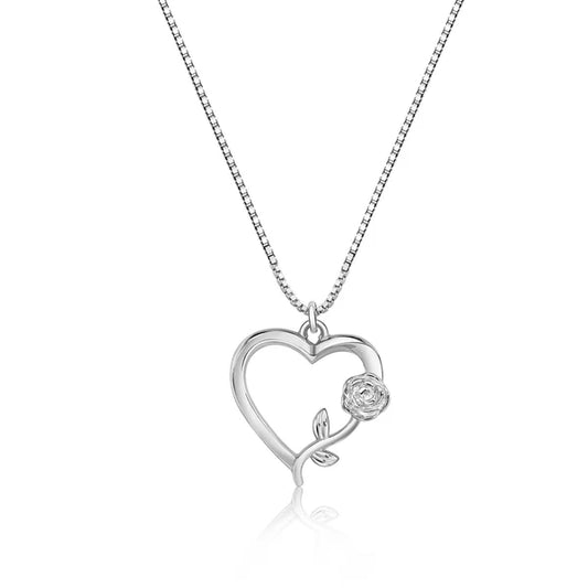 Sterling Silver 925 Heart Rose Pendant Necklace - SSLNP043