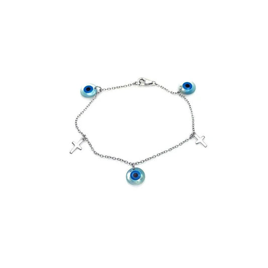 Sterling Silver 925 Cross and Evil Eye Charm Bracelet - SSLB035