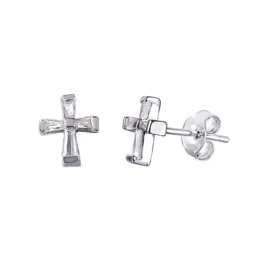 Sterling Silver 925 Baguette CZ Cross Earrings - SSLE007