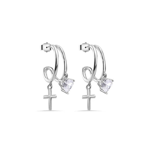 Sterling Silver 925 Heart and Cross Hoop Earring - SSLE017