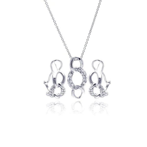 Sterling Silver 925 Open Circle Link CZ Lever Back Earring and Necklace Set - SSLJS014