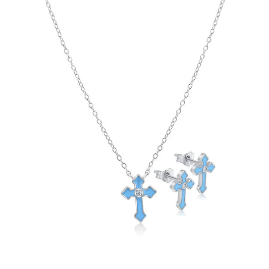 Sterling Silver 925 Blue Enamel CZ Center Stone Set - SSLJS002