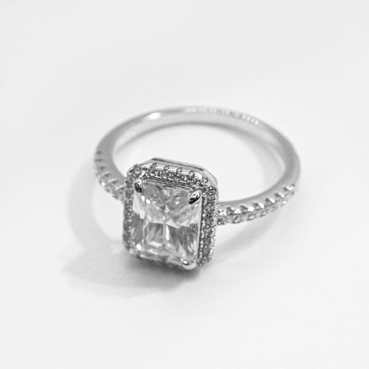 Sterling Silver Moissanite Ring featuring 2.00ct (6mm by 8mm) Emerald Cut Center Stone with Rectangular Halo