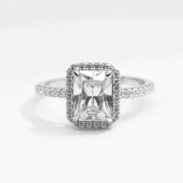 Sterling Silver Moissanite Ring featuring 2.00ct (6mm by 8mm) Emerald Cut Center Stone with Rectangular Halo