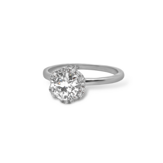 Sterling Silver Moissanite Engagement Ring featuring 0.80ct (6.0mm) Round Brilliant Cut Center Stone with Round Halo