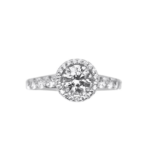 Sterling Silver Moissanite Engagement Ring featuring 1.20ct (7mm) Round Brilliant Cut Center Stone with Round Halo