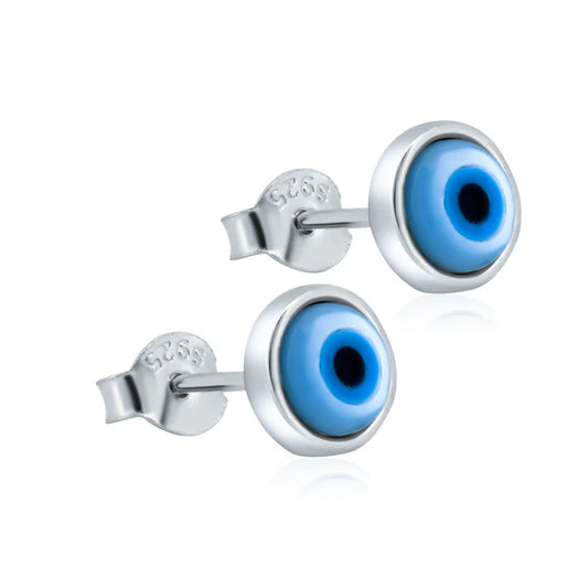 Sterling Silver 925 Round Evil Eye Mother of Pearl Stud Earrings - SSLE004