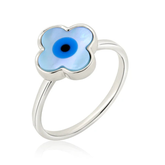 Sterling Silver 925 Flower Evil Eye Mother of Pearl Ring - SSLR059