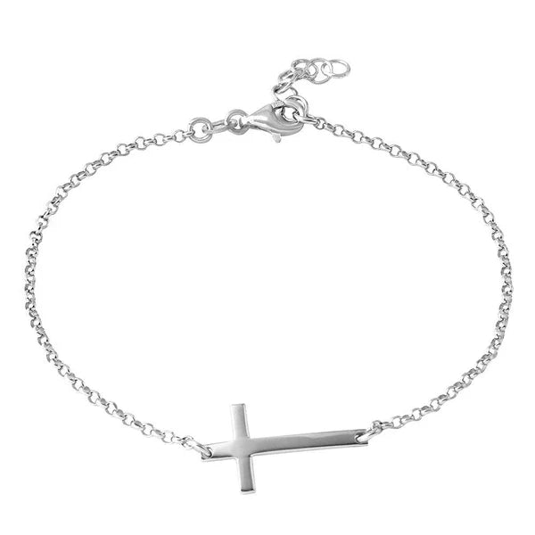 Sterling Silver 925 High Polished Italian Rolo Chain with Cross Bracelets - SSLB021