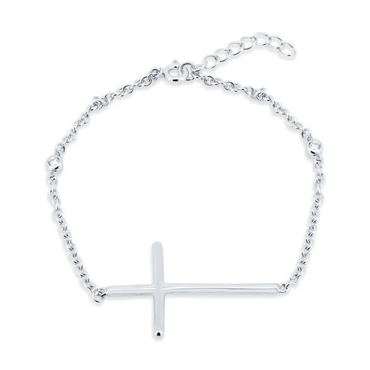 Sterling Silver 925 Sideways Cross Bracelet with CZ - SSLB022