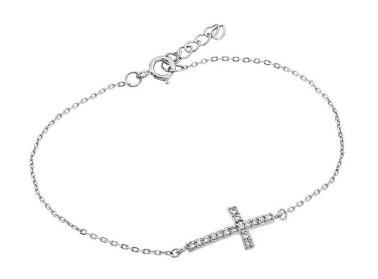 Sterling Silver 925 Sideways Cross CZ Bracelet - SSLB026