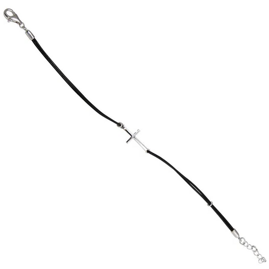 Sterling Silver 925 Sideways Cross Black Leather Cord Bracelet - SSLB010