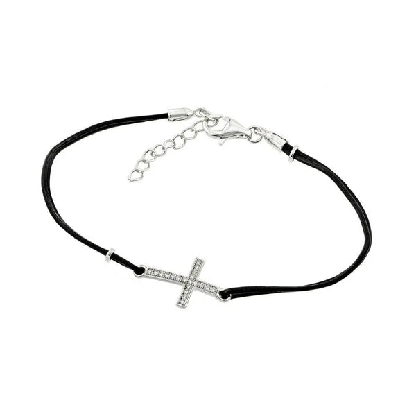 Pulsera de cordón de cuero negro con circonitas cúbicas y cruz lateral en plata de ley 925 - SSLB016 