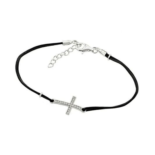 Sterling Silver 925 Sideways Cross CZ Black Leather Cord Bracelet - SSLB016