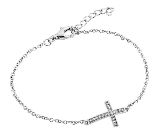 Sterling Silver 925 Sideways Cross CZ Bracelet - SSLB020