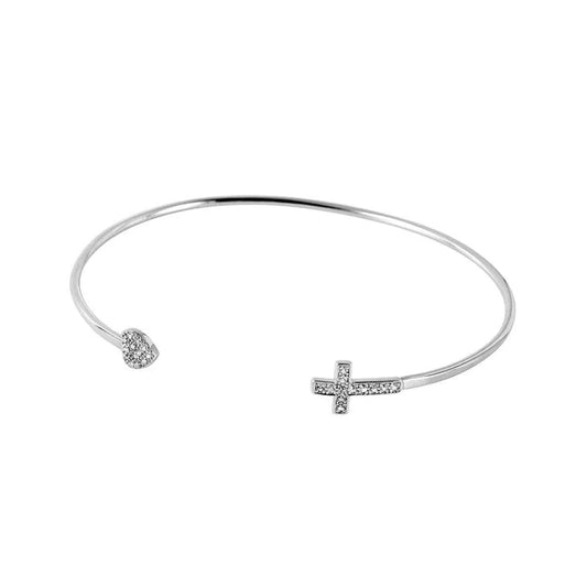 Sterling Silver 925 Cross and Heart CZ Cuff Bracelet - SSLBX003