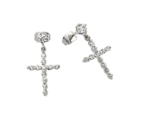 Sterling Silver 925 Cross CZ Dangling Earrings - SSLE015