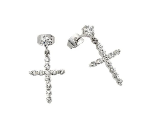 Sterling Silver 925 Cross CZ Dangling Earrings - SSLE015