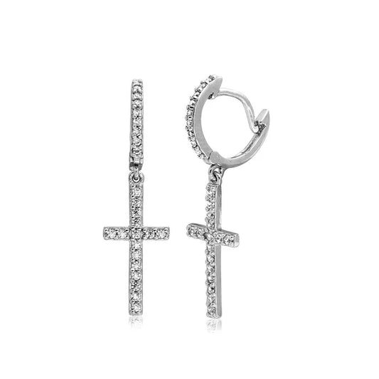 Sterling Silver 925 Hanging CZ Cross Huggie Hoop Earrings -SSLE008