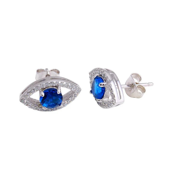 Sterling Silver 925 Blue CZ Center Evil Eye Stud Earrings - SSLE005