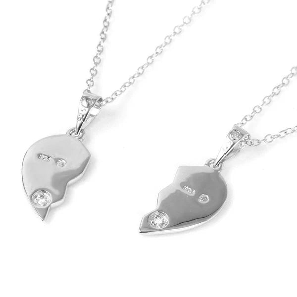 Sterling Silver 925 Double Broken Hearts with Small CZ Stud Accents Pendant Necklace - SSLPN017