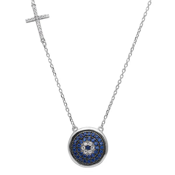 Sterling Silver 925 Blue CZ Evil Eye with CZ Cross Charm Necklace - SSLPN052