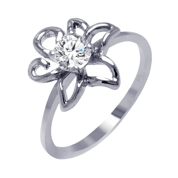 Sterling Silver 925 Flower Outline with Clear Round CZ Center Ring - SSLR011