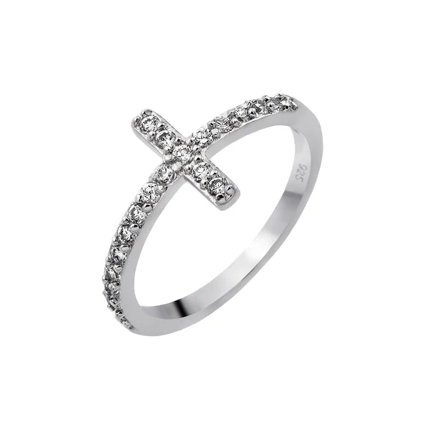 Sterling Silver 925 Clear CZ Cross Ring - SSLR055