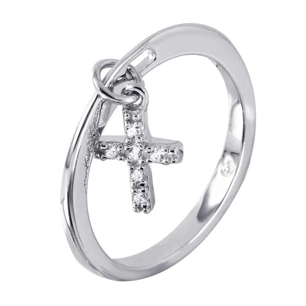 Sterling Silver 925 Dangling Cross Ring with CZ Accents - SSLR056