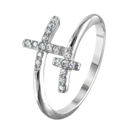 Sterling Silver 925 Double Cross CZ Ring - SSLR045